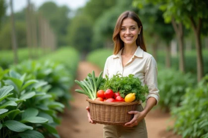 Femme dans un jardin avec panier de légumes bio