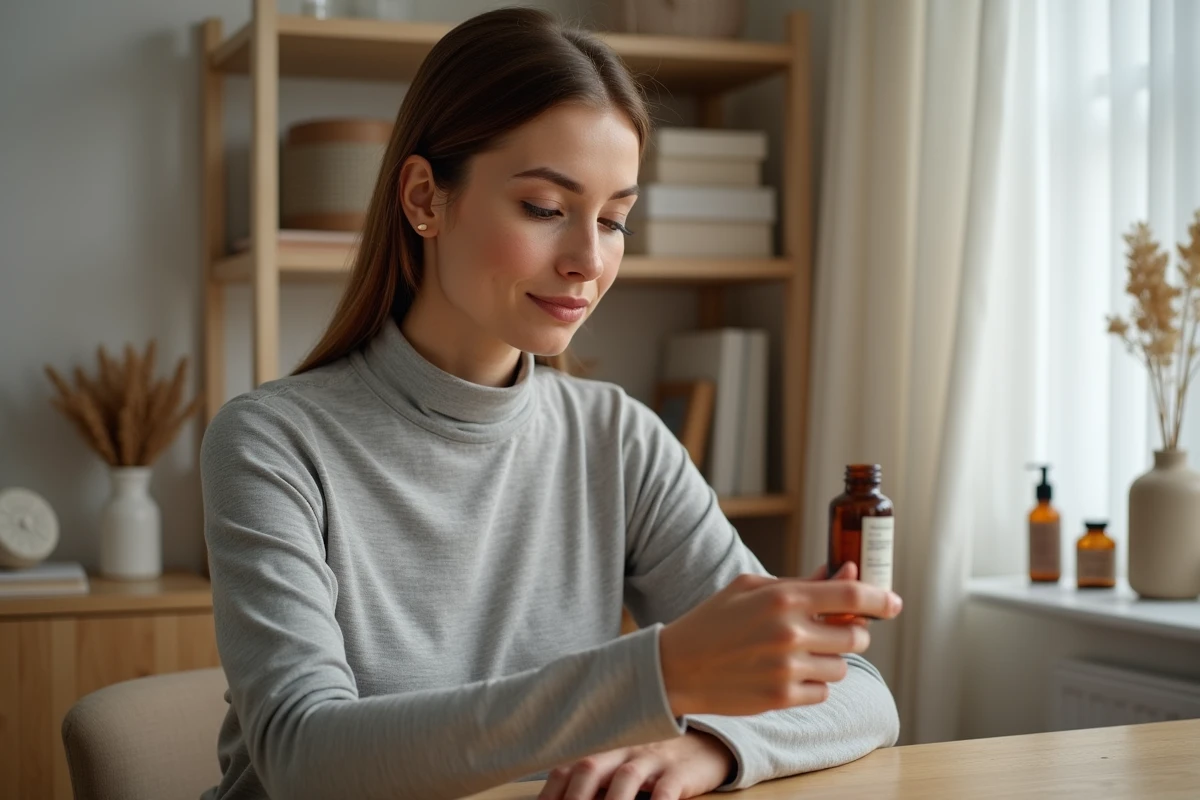 Femme lisant les ingrédients d'un soin rosacée minimaliste assise devant une coiffeuse en bois
