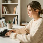Jeune femme lisant un blog beauté et lifestyle sur son ordinateur portable dans un bureau moderne et épuré en 2026