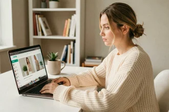 Jeune femme lisant un blog beauté et lifestyle sur son ordinateur portable dans un bureau moderne et épuré en 2026