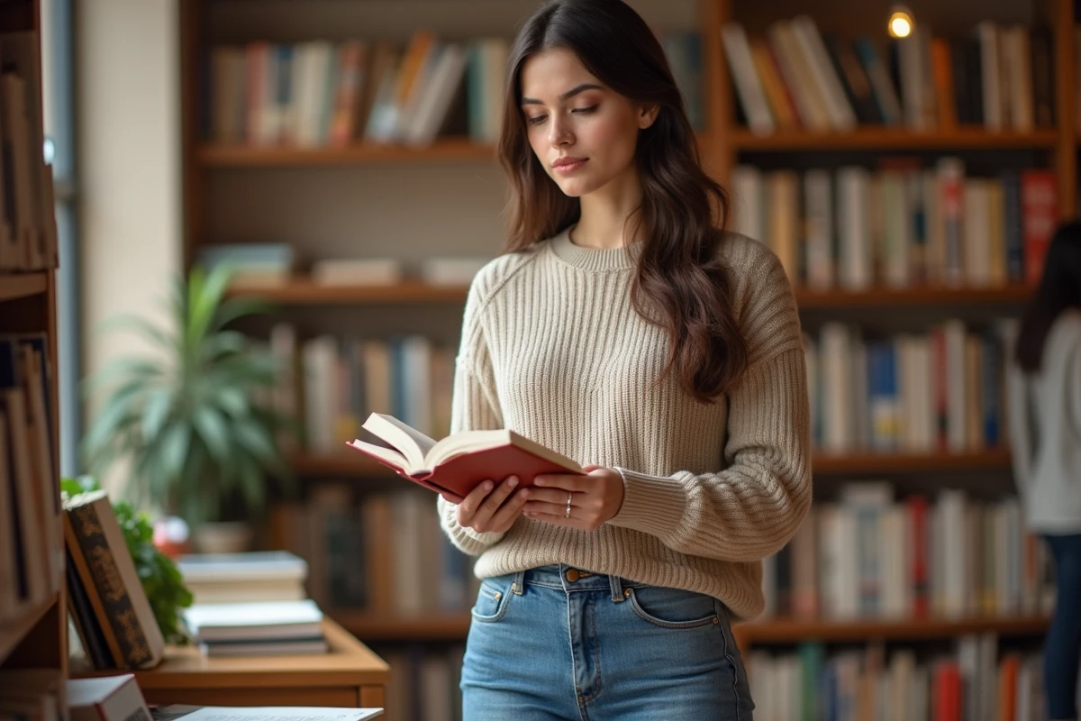 Jeune femme dans une librairie tenant un livre avec un sourire sincère