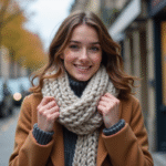 Jeune femme souriante ajustant son écharpe en ville