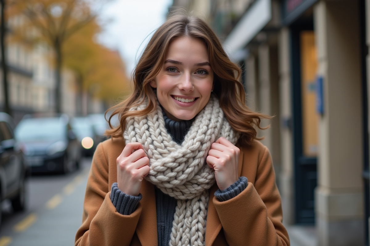 Jeune femme souriante ajustant son écharpe en ville