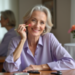 Femme d'âge moyen appliquant du blush coral au visage