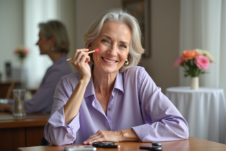 Femme d'âge moyen appliquant du blush coral au visage