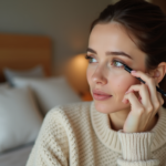 Femme appliquant un crayon à yeux naturel dans un cadre cosy