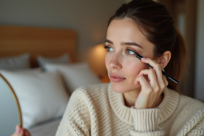 Femme appliquant un crayon à yeux naturel dans un cadre cosy