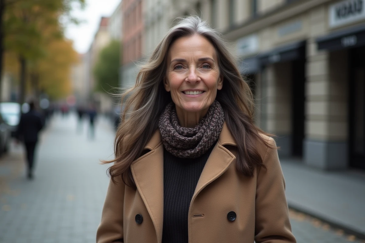 Femme confiante marche dans une rue urbaine en hiver