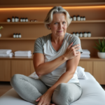 Femme d'âge moyen en tenue de sport se massant l'épaule dans un centre bien-être