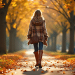 Femme élégante marchant dans un parc automnal en bottes en cuir