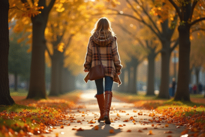 Femme élégante marchant dans un parc automnal en bottes en cuir