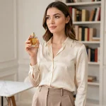 Jeune femme tenant un flacon de parfum Zara dans un appartement parisien au style minimaliste