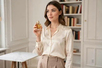 Jeune femme tenant un flacon de parfum Zara dans un appartement parisien au style minimaliste