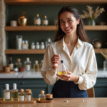 Femme souriante créant un parfum dans un atelier parisien