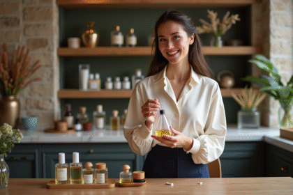 Femme souriante créant un parfum dans un atelier parisien