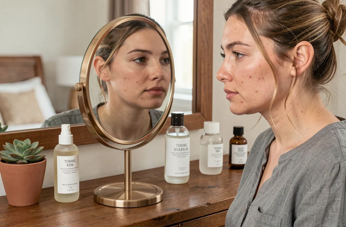 Femme examinant sa peau mixte avec acné léger dans un miroir grossissant sur une coiffeuse en bois