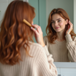 Femme regardant son reflet dans un miroir de salle de bain