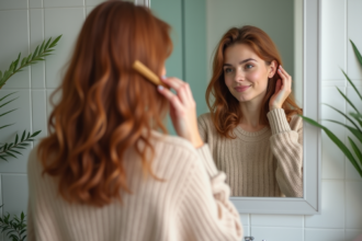 Femme regardant son reflet dans un miroir de salle de bain
