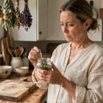 Femme examinant un remède naturel maison dans une cuisine rustique pour illustrer les recettes de grand-mère