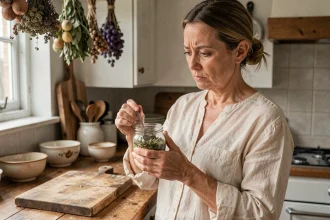 Femme examinant un remède naturel maison dans une cuisine rustique pour illustrer les recettes de grand-mère