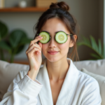 Femme en robe coton blanche posant avec des tranches de concombre sur les yeux