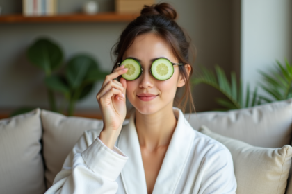 Femme en robe coton blanche posant avec des tranches de concombre sur les yeux