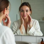 Femme avec rosacée appliquant un soin minimaliste devant un miroir de salle de bain épurée