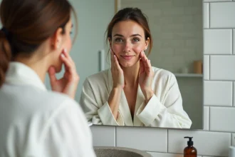 Femme avec rosacée appliquant un soin minimaliste devant un miroir de salle de bain épurée