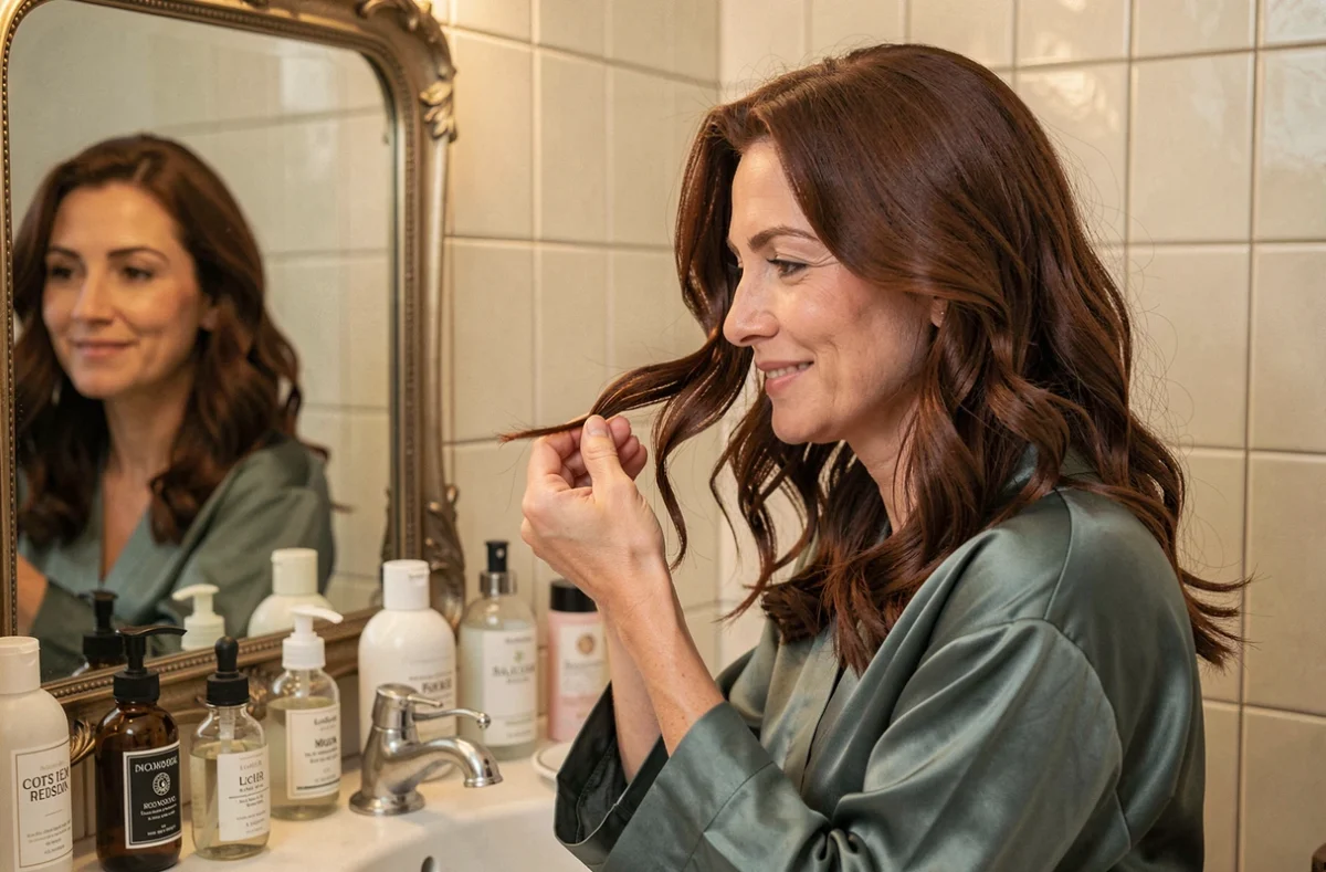 Femme évaluant ses résultats capillaires Levona Paris devant un miroir, volume et brillance des cheveux après utilisation régulière du produit