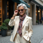 Femme élégante de 60 ans ajustant ses lunettes dans la ville