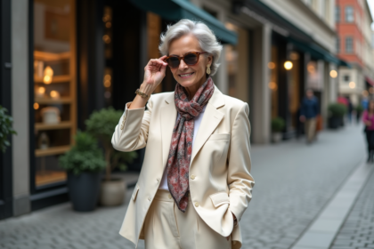 Femme élégante de 60 ans ajustant ses lunettes dans la ville