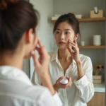 Femme appliquant un serum visage dans une salle de bain moderne