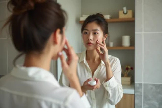 Femme appliquant un serum visage dans une salle de bain moderne