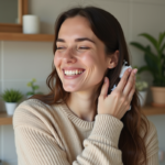 Femme souriante massant ses cheveux naturels dans une salle de bain moderne