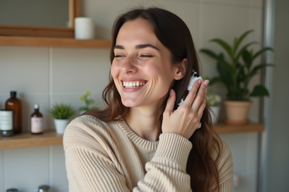 Femme souriante massant ses cheveux naturels dans une salle de bain moderne