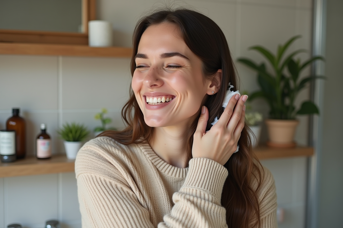 Femme souriante massant ses cheveux naturels dans une salle de bain moderne