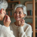 Femme élégante de 60 ans se maquillant dans sa chambre