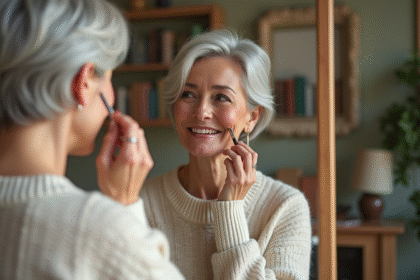 Femme élégante de 60 ans se maquillant dans sa chambre