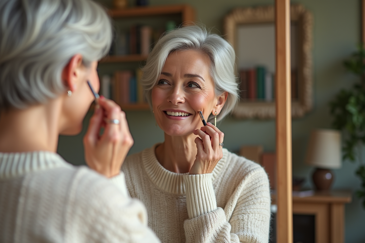 Femme élégante de 60 ans se maquillant dans sa chambre