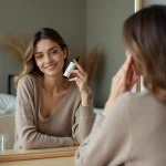 Femme appliquant un serum capillaire dans sa chambre douce