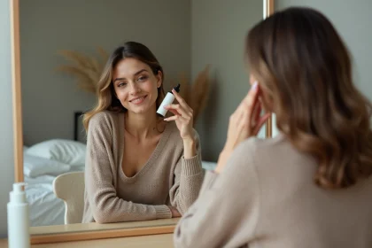 Femme appliquant un serum capillaire dans sa chambre douce