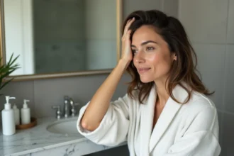 Femme se massant le cuir chevelu dans une salle de bain moderne