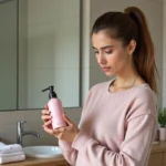 Femme examinant un produit capillaire dans sa salle de bain