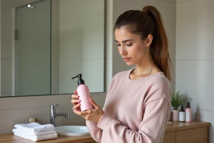 Femme examinant un produit capillaire dans sa salle de bain