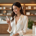 Femme élégante examinant un produit de soin dans une boutique moderne