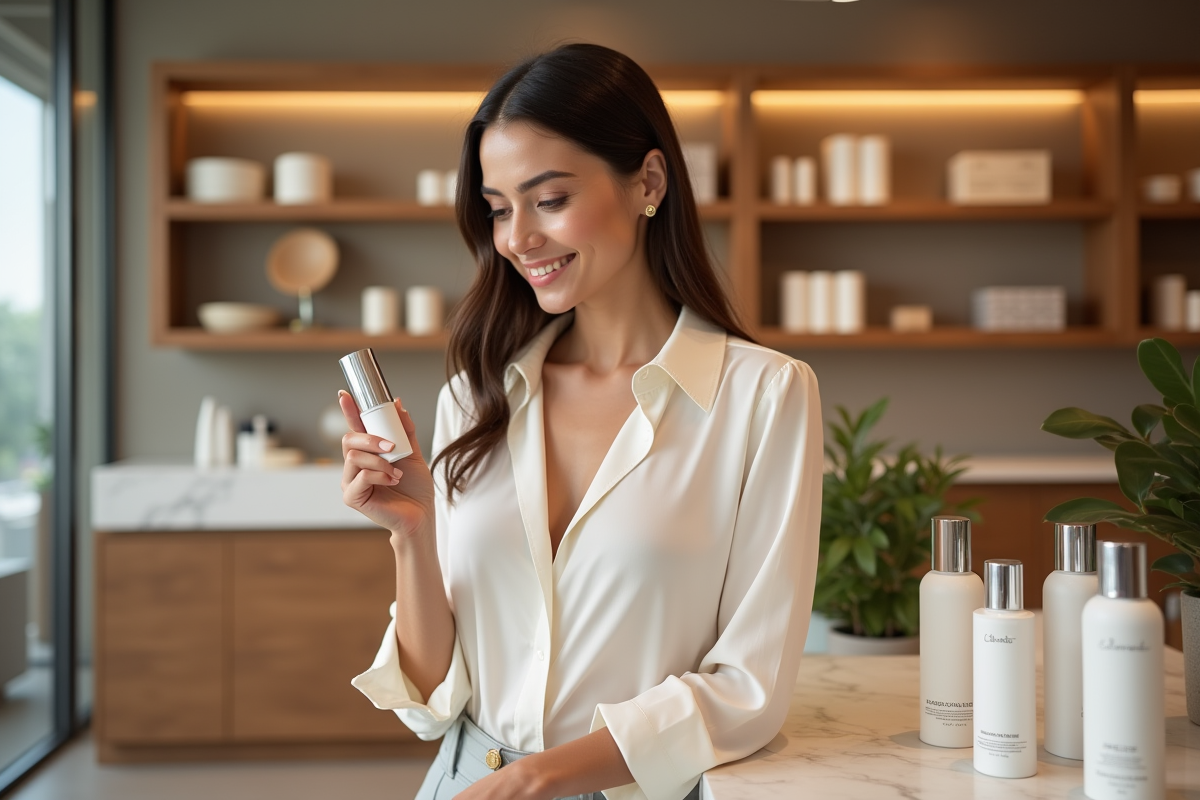 Femme élégante examinant un produit de soin dans une boutique moderne