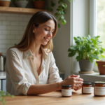 Femme en blouse en lin naturelle examine des soins végétaux
