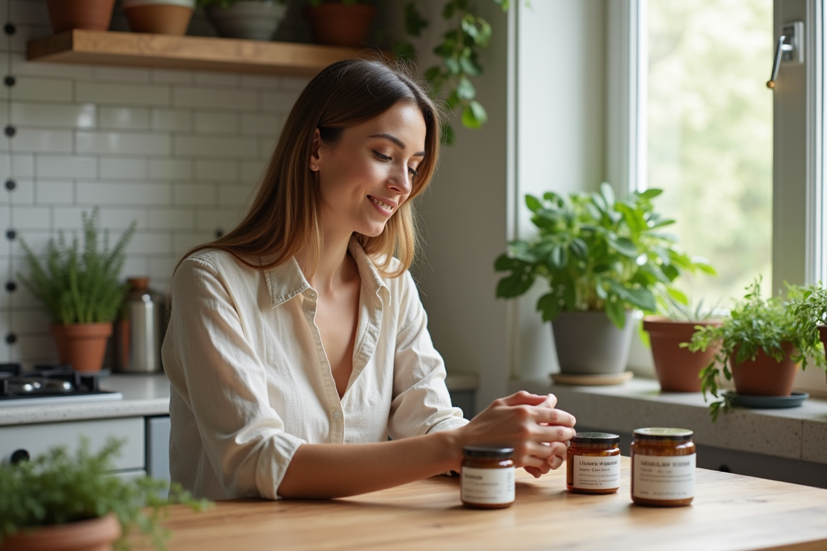 Femme en blouse en lin naturelle examine des soins végétaux