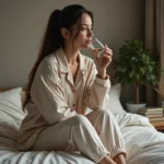Femme en pyjama cosy buvant de l'eau dans la chambre