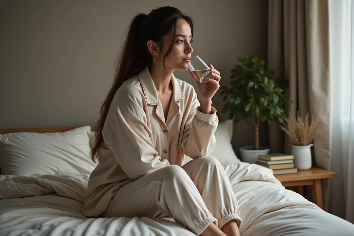 Femme en pyjama cosy buvant de l'eau dans la chambre